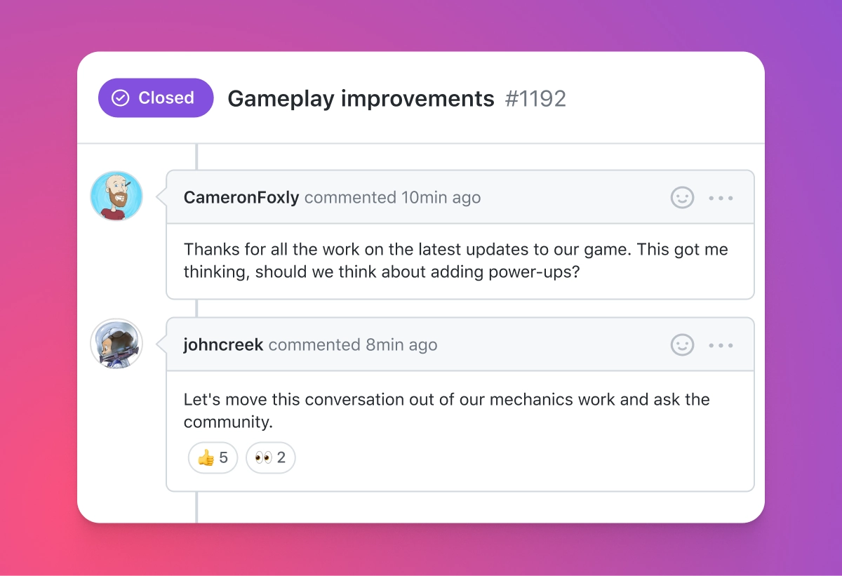 Screenshot of a closed GitHub issue titled 'Gameplay improvements #1192.' CameronFoxly suggests adding power-ups, and Johncreek proposes taking the discussion to the community. The post has likes and reactions. The background has a pink-to-purple gradient.